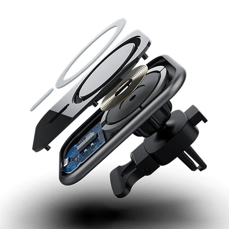 Black magnetic car wireless charging phone holder with USB interface, 15W charging, and indication function for 12V in-car use.