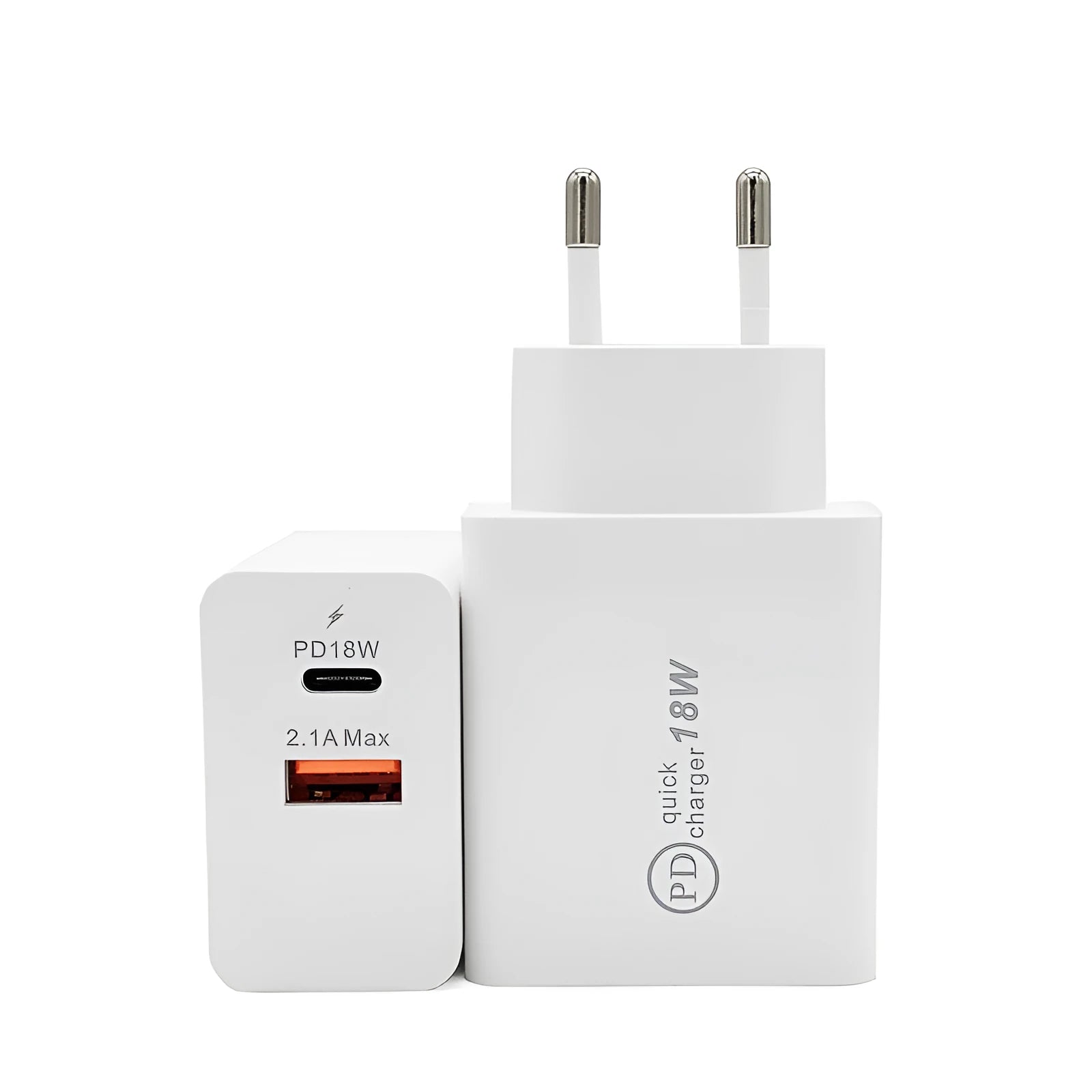 18W USB-C Power Delivery fast charger in black or white with US or EU plug