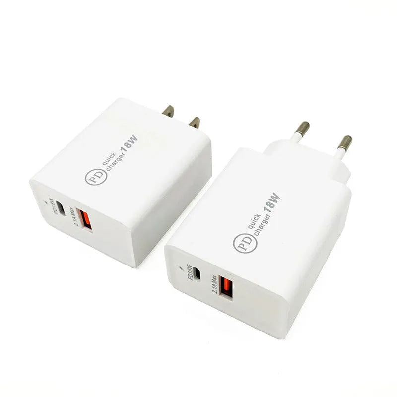 18W USB-C Power Delivery fast charger in black or white with US or EU plug