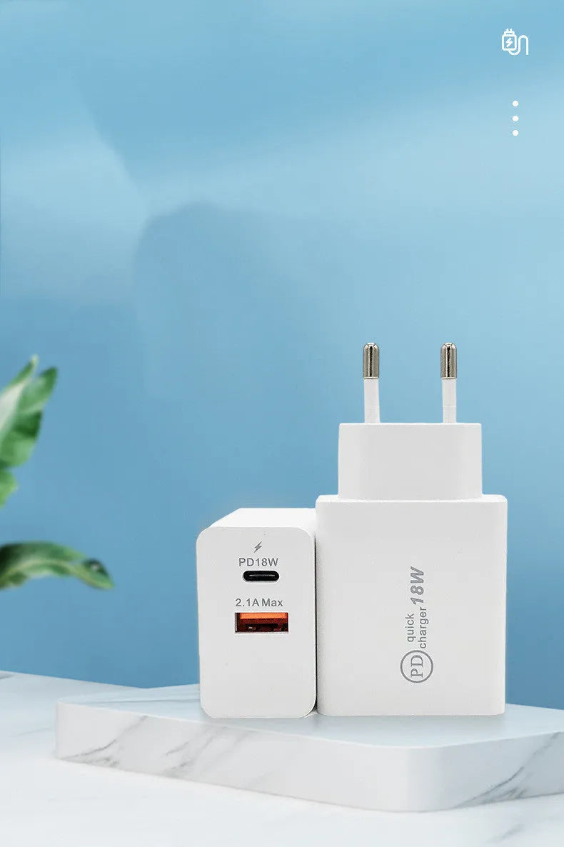 18W USB-C Power Delivery fast charger in black or white with US or EU plug