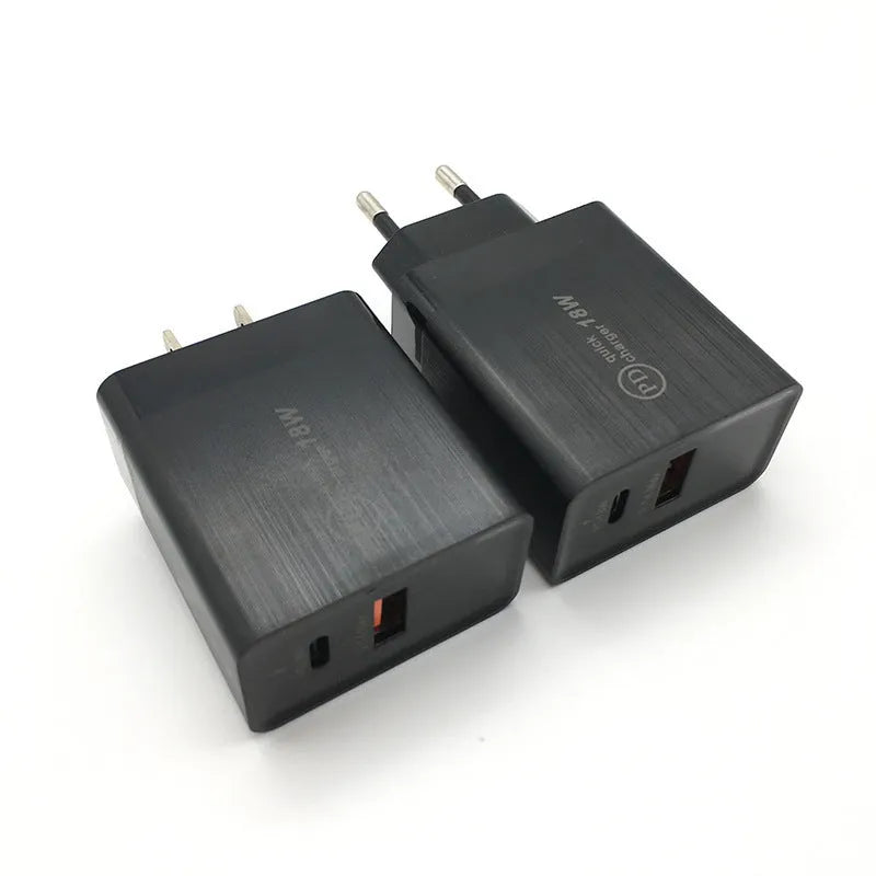 18W USB-C Power Delivery fast charger in black or white with US or EU plug