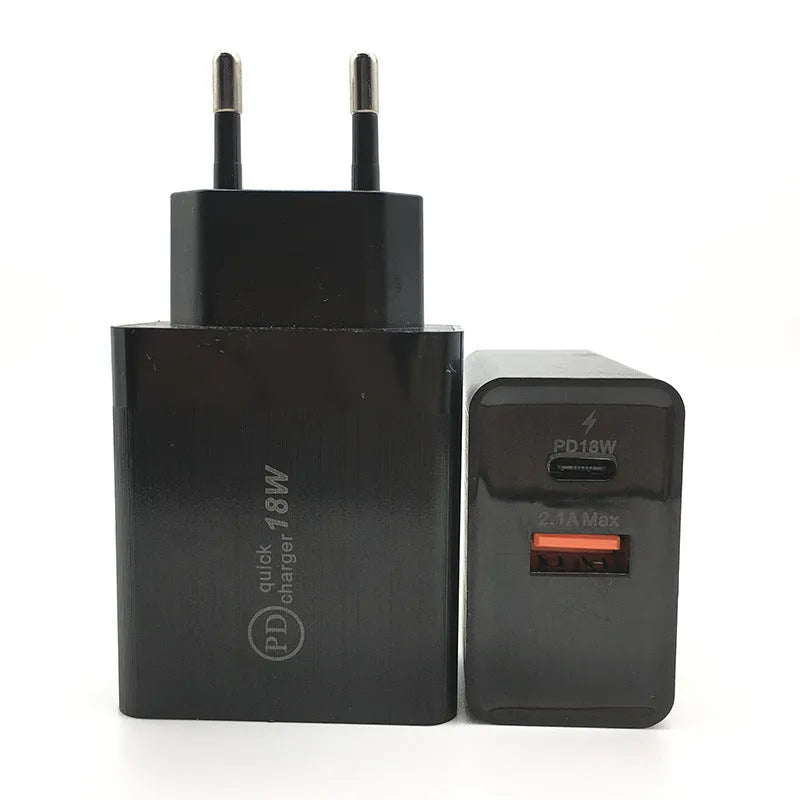 18W USB-C Power Delivery fast charger in black or white with US or EU plug