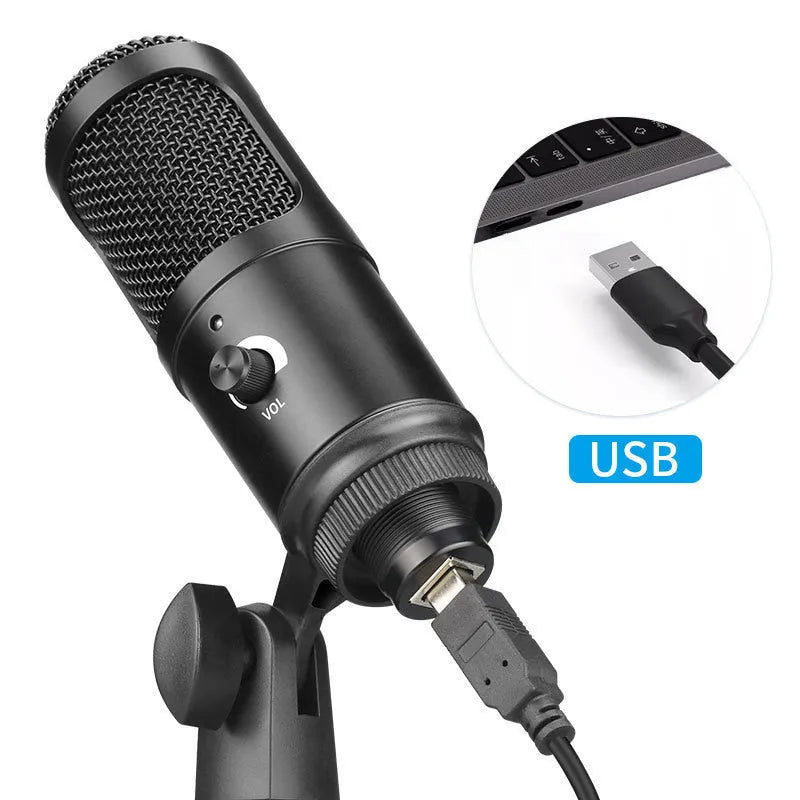 Black USB condenser microphone for computer gaming and streaming on a desktop stand