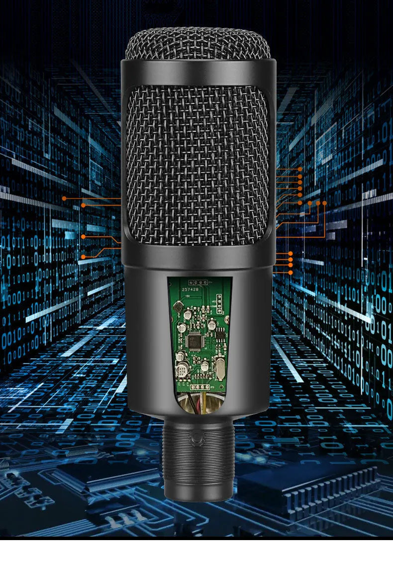 Black USB condenser microphone for computer gaming and streaming on a desktop stand