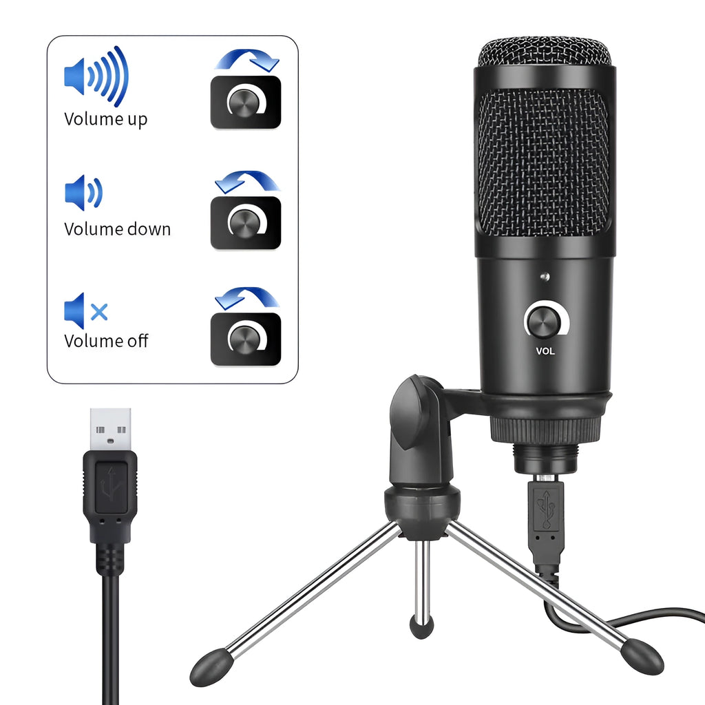 Black USB condenser microphone for computer gaming and streaming on a desktop stand