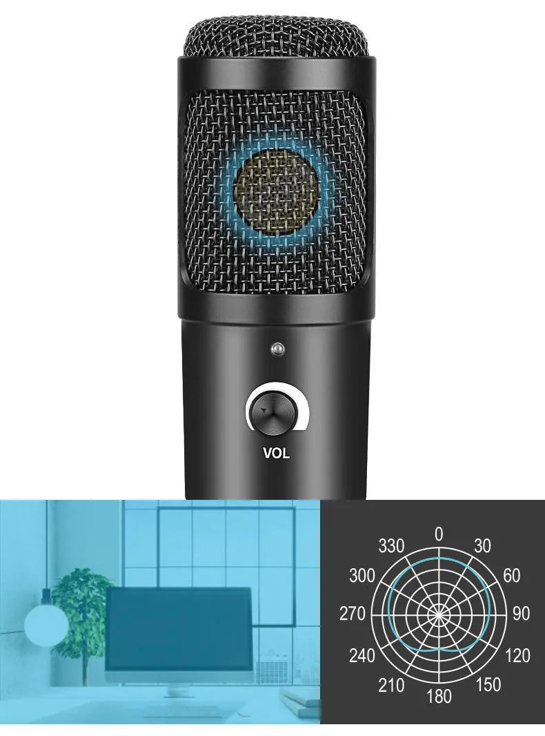 Black USB condenser microphone for computer gaming and streaming on a desktop stand
