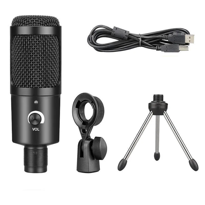 Black USB condenser microphone for computer gaming and streaming on a desktop stand