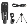 Black USB condenser microphone for computer gaming and streaming on a desktop stand