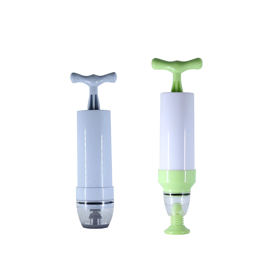 Green manual vacuum compression storage bag with hand pump on a grey background
