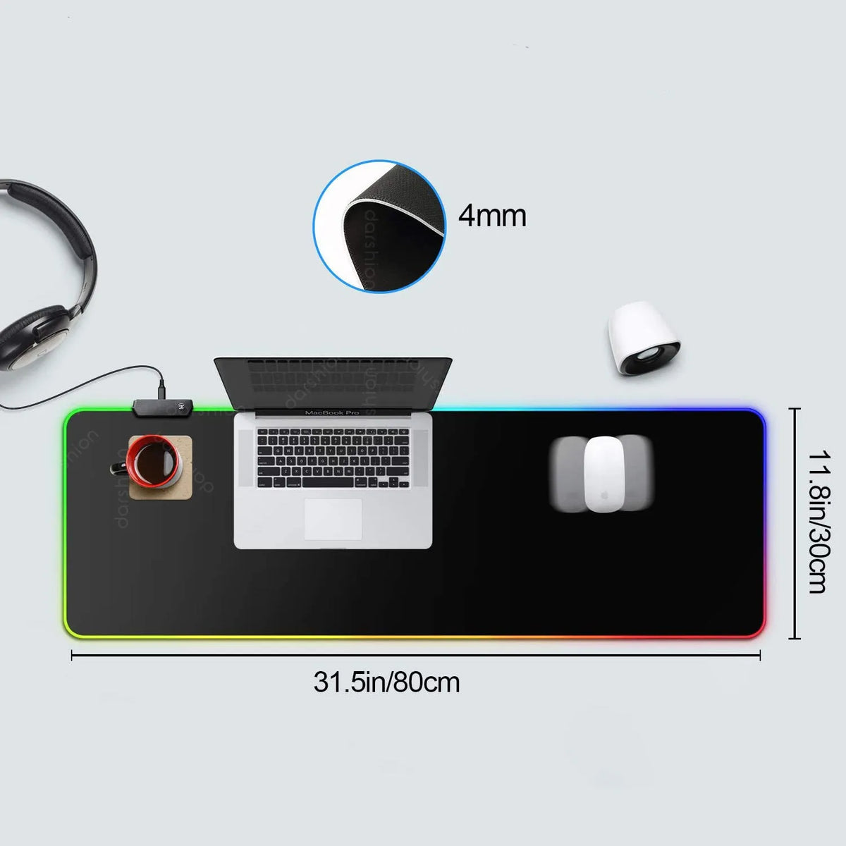 RGB gaming mouse pad with non-slip rubber base and luminous LED pattern, 300 x 800 x 4mm