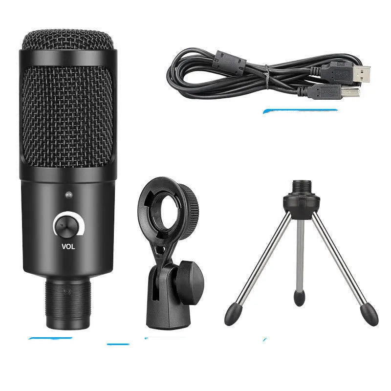 Black USB condenser microphone on a desktop stand, showing its compact size for computer recording.