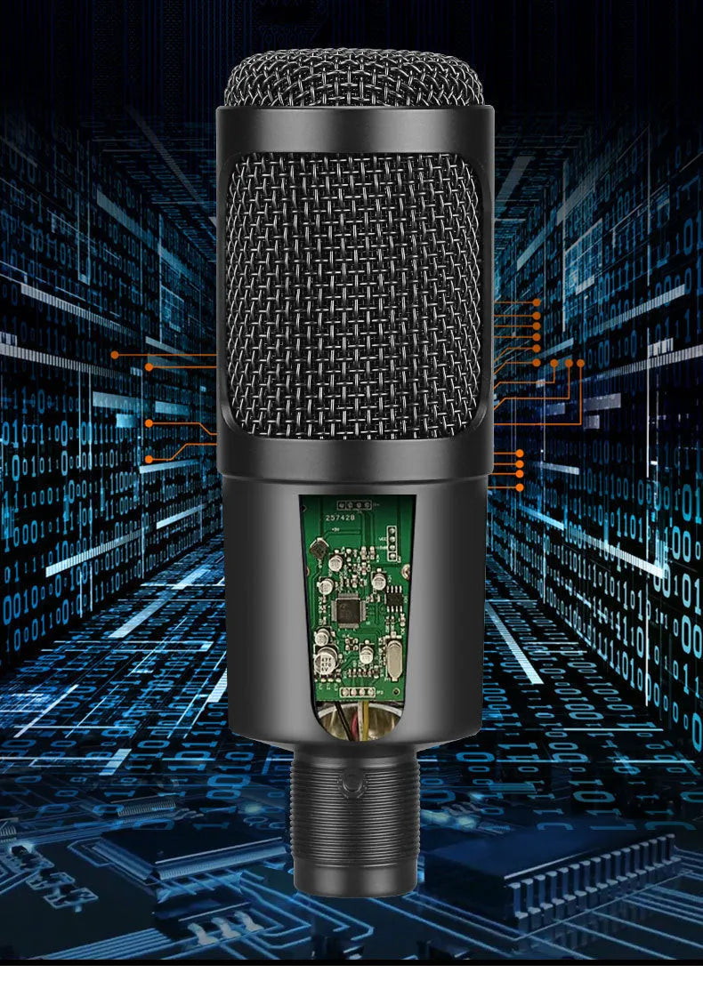 Black USB condenser microphone on a desktop stand, showing its compact size for computer recording.