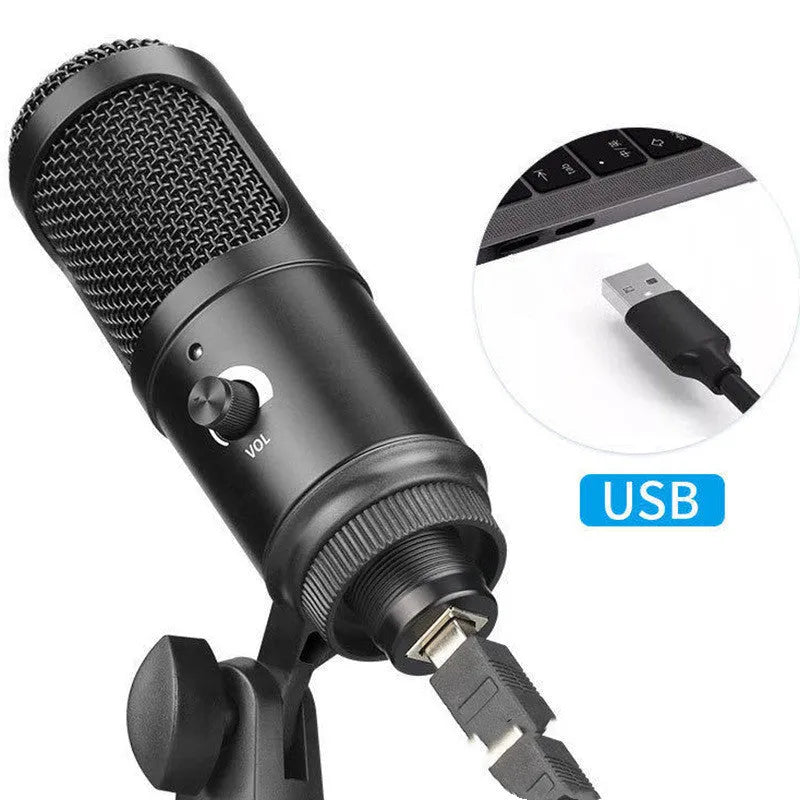 Black USB condenser microphone on a desktop stand, showing its compact size for computer recording.