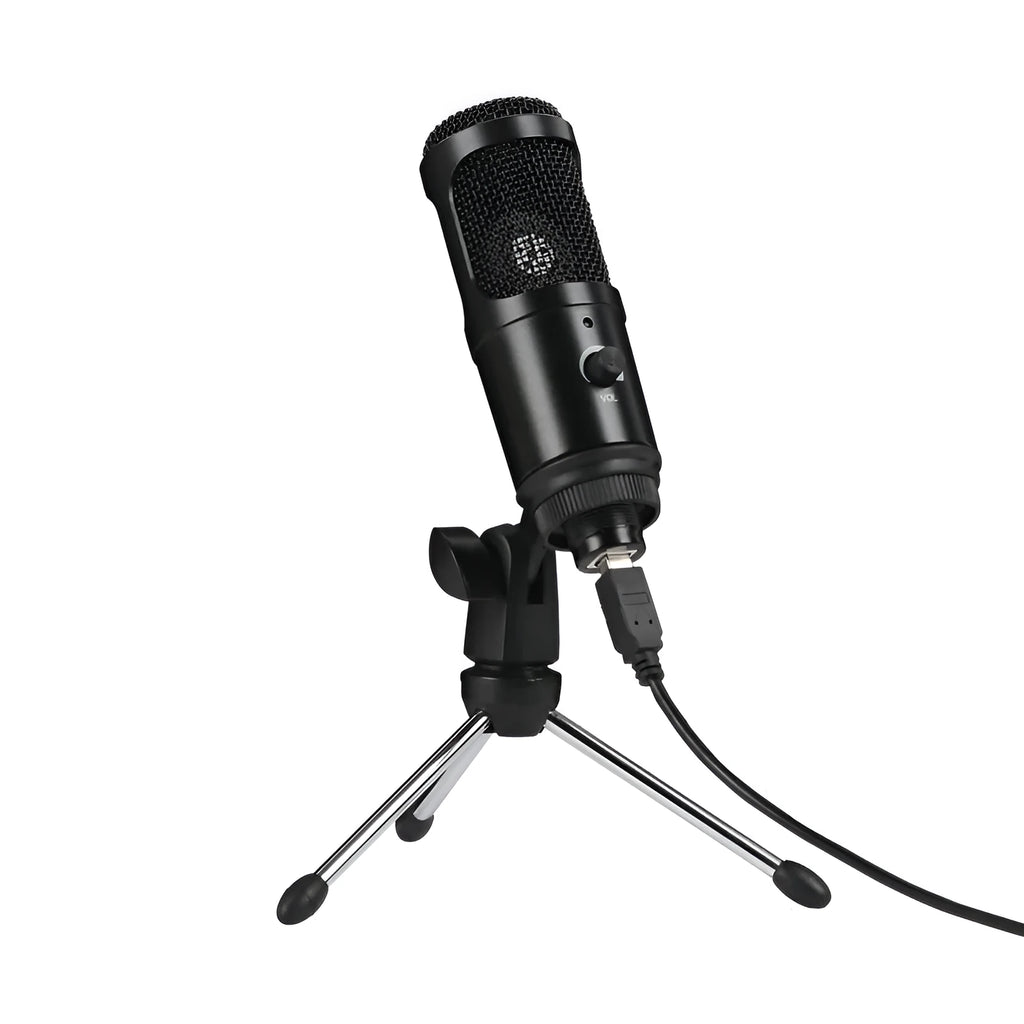 Black USB condenser microphone on a desktop stand, showing its compact size for computer recording.