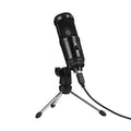 Black USB condenser microphone on a desktop stand, showing its compact size for computer recording.