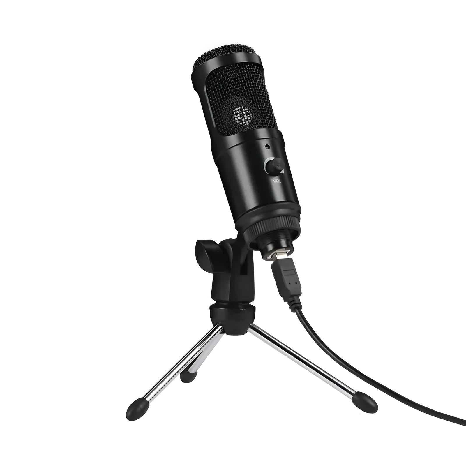 Black USB condenser microphone on a desktop stand, showing its compact size for computer recording.