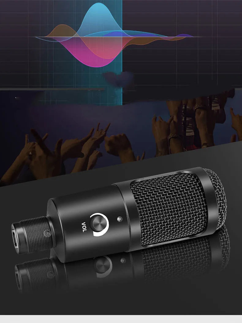 Black USB condenser microphone on a desktop stand, showing its compact size for computer recording.