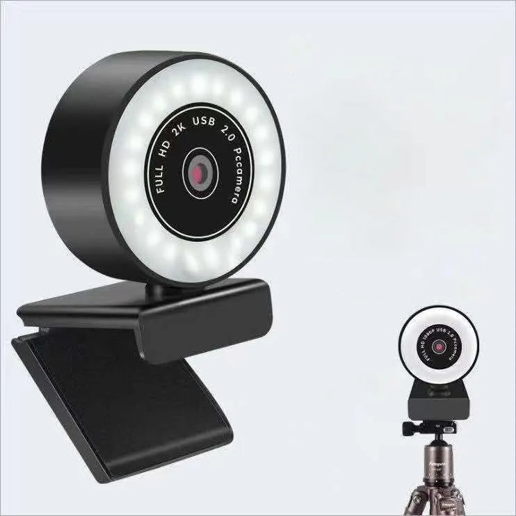 Black USB webcam with fill light for 1080p PC video conferencing
