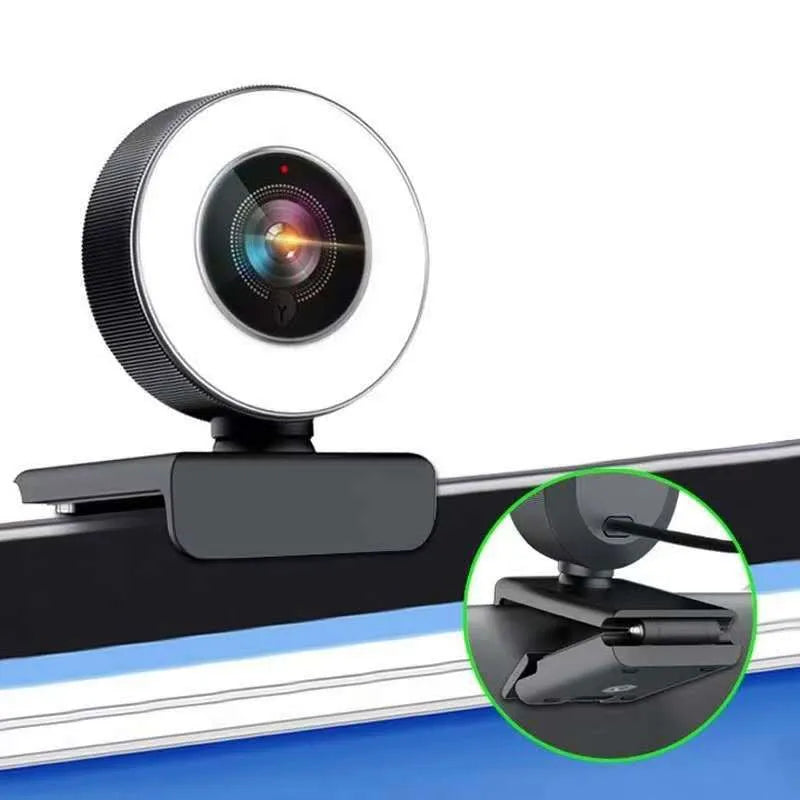 Black USB webcam with fill light for 1080p PC video conferencing
