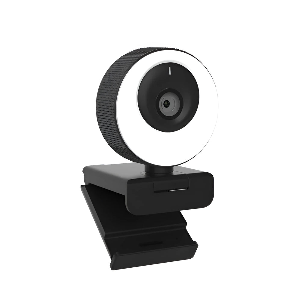 Black USB webcam on a stand with magnetic privacy cover slid over the lens