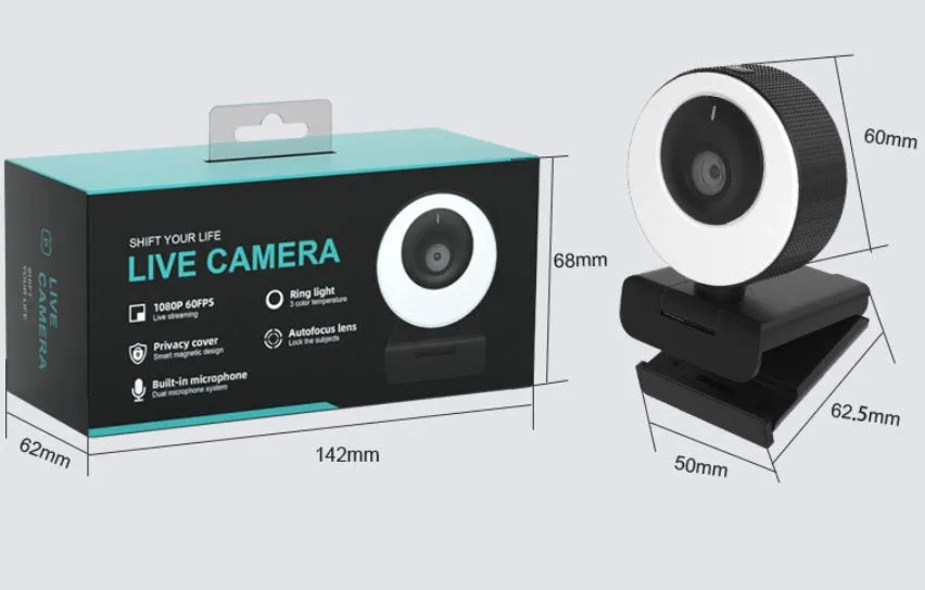 Black USB webcam on a stand with magnetic privacy cover slid over the lens