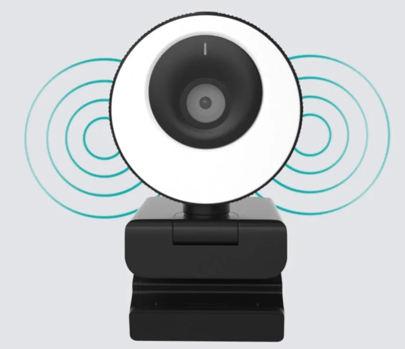 Black USB webcam on a stand with magnetic privacy cover slid over the lens