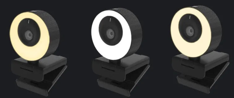 Black USB webcam on a stand with magnetic privacy cover slid over the lens