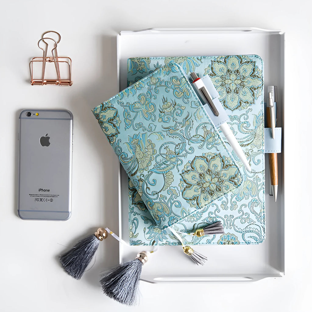 Fabric cover Flying Blue Flower series notebook in A5 and A6 sizes.