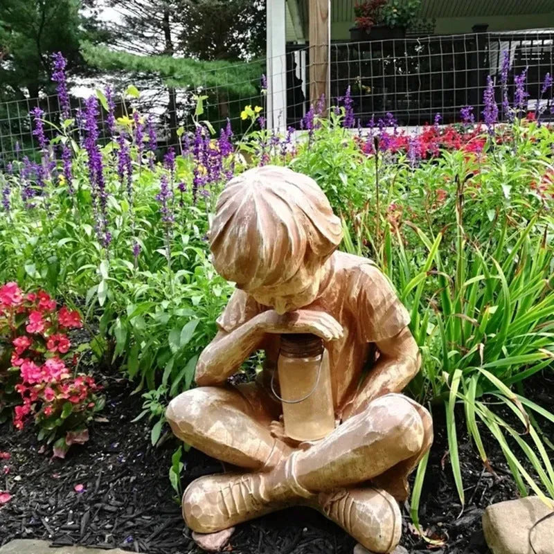 Brown natural resin boy figurine garden statue for tabletop decoration