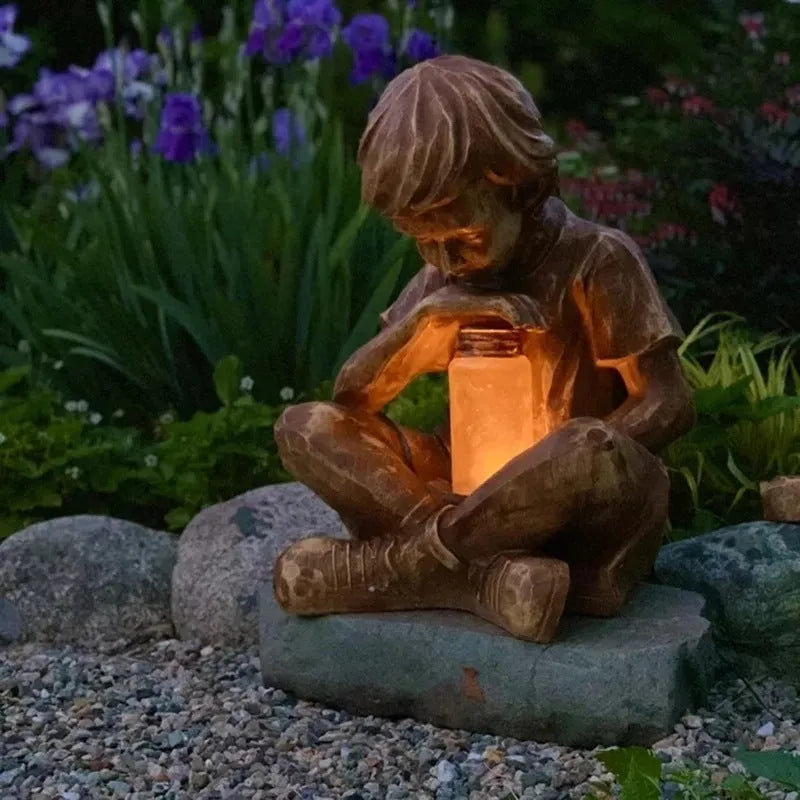 Brown natural resin boy figurine garden statue for tabletop decoration