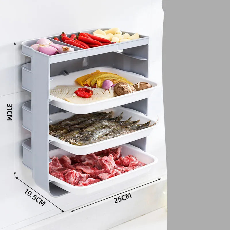 Wall-mounted plastic side dish rack with frosted finish, available in blue, grey, or yellow, 3 or 6 tiers.