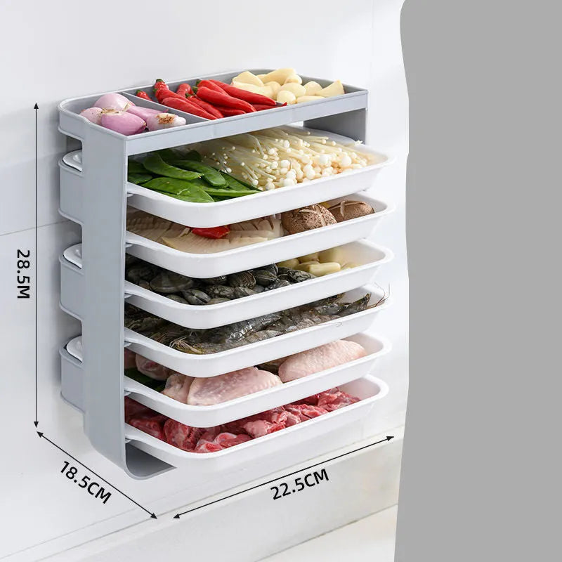 Wall-mounted plastic side dish rack with frosted finish, available in blue, grey, or yellow, 3 or 6 tiers.