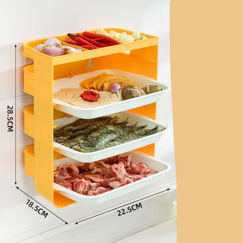 Wall-mounted plastic side dish rack with frosted finish, available in blue, grey, or yellow, 3 or 6 tiers.