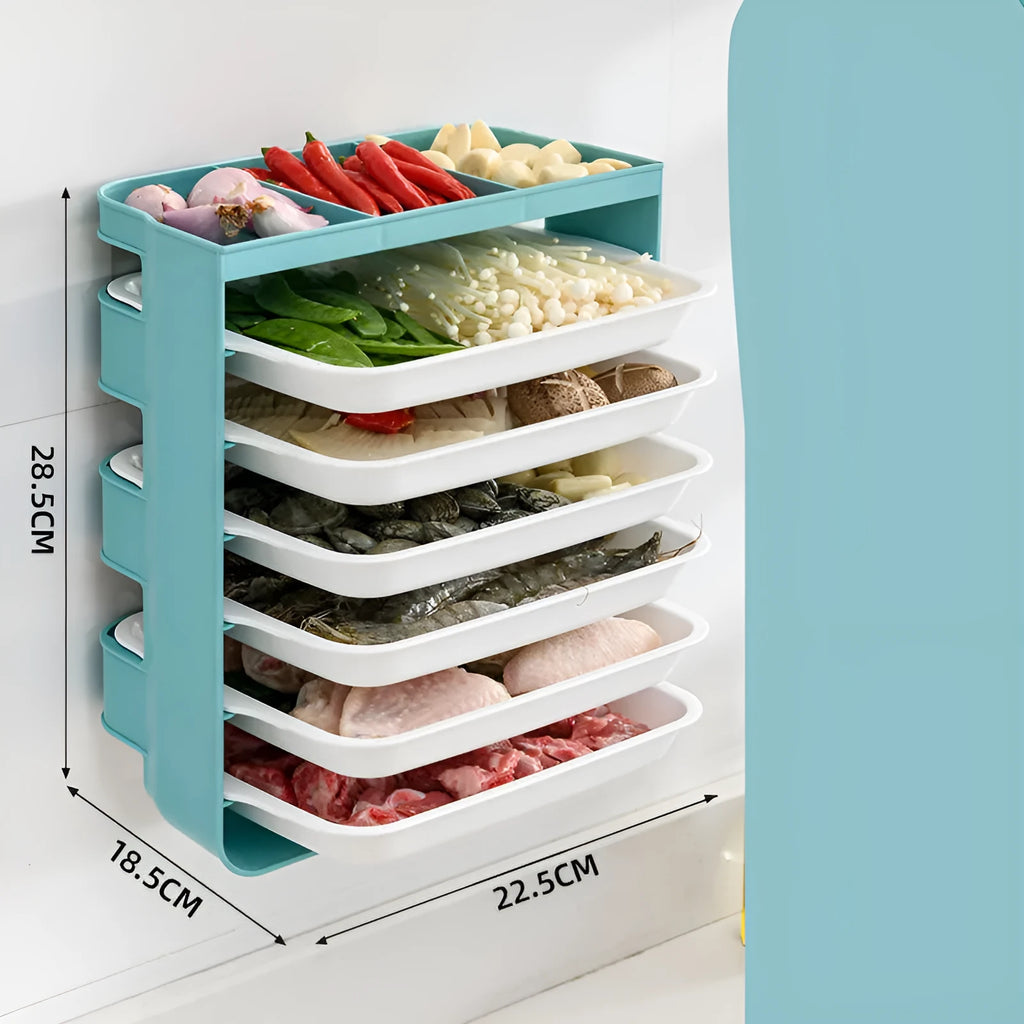 Wall-mounted plastic side dish rack with frosted finish, available in blue, grey, or yellow, 3 or 6 tiers.