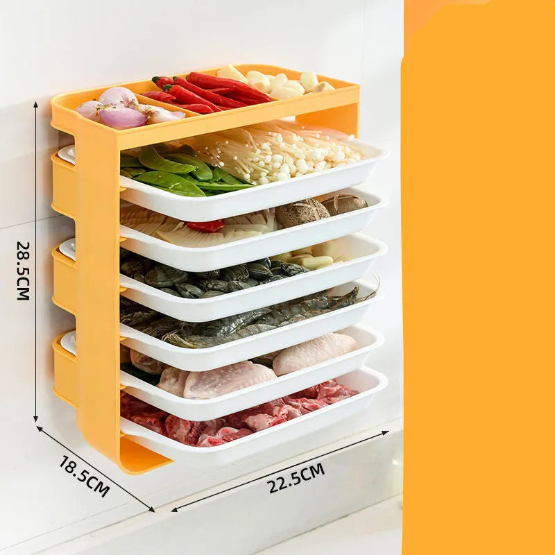 Wall-mounted plastic side dish rack with frosted finish, available in blue, grey, or yellow, 3 or 6 tiers.