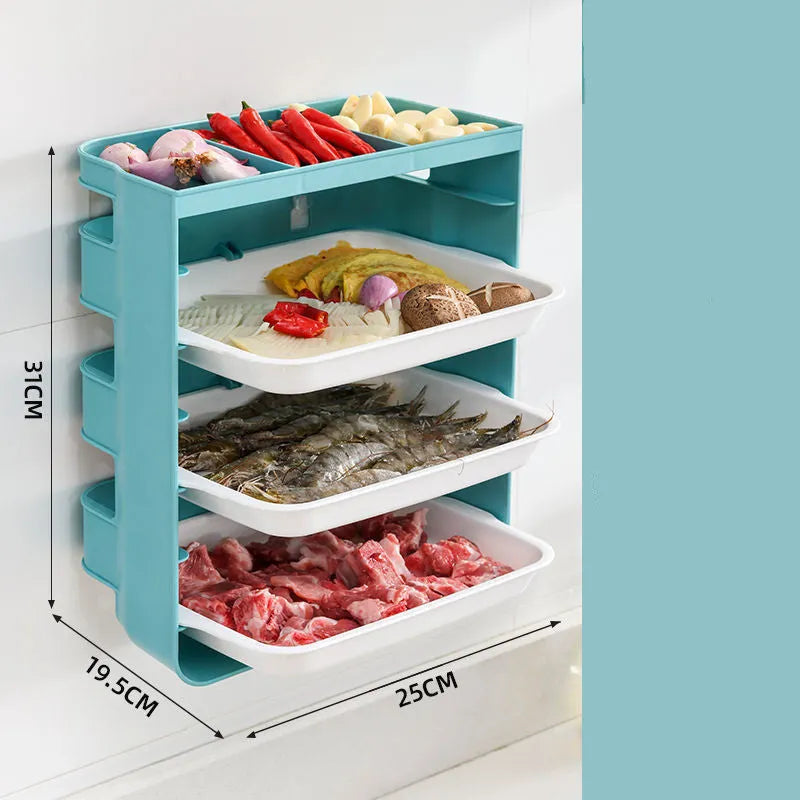Wall-mounted plastic side dish rack with frosted finish, available in blue, grey, or yellow, 3 or 6 tiers.