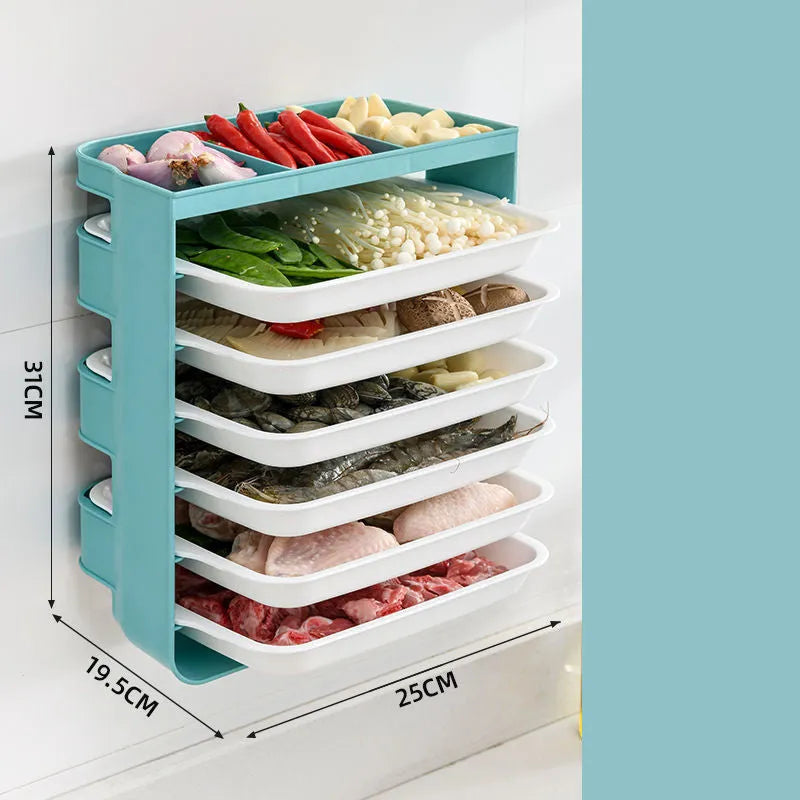 Wall-mounted plastic side dish rack with frosted finish, available in blue, grey, or yellow, 3 or 6 tiers.