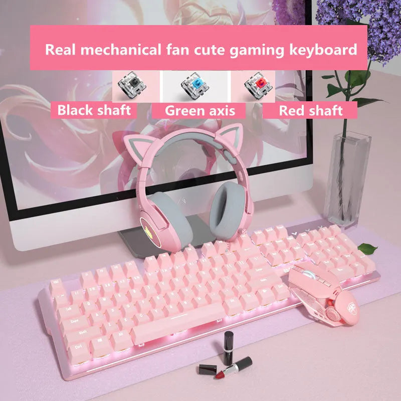 Pink mechanical keyboard and wired mouse gaming set with USB connections on pink background