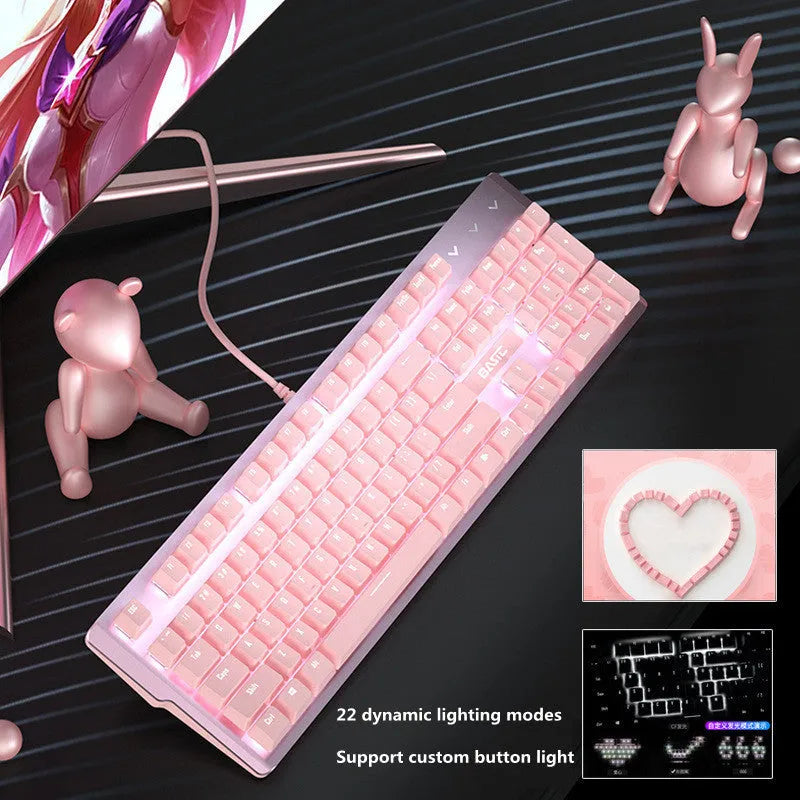 Pink mechanical keyboard and wired mouse gaming set with USB connections on pink background