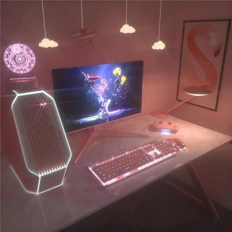 Pink mechanical keyboard and wired mouse gaming set with USB connections on pink background