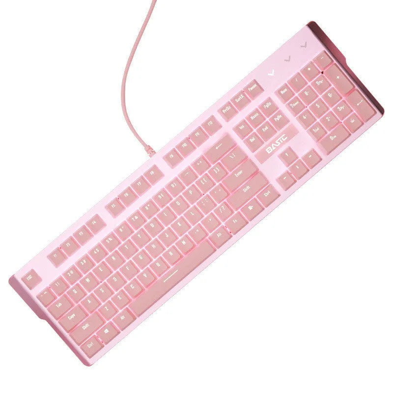 Pink mechanical keyboard and wired mouse gaming set with USB connections on pink background