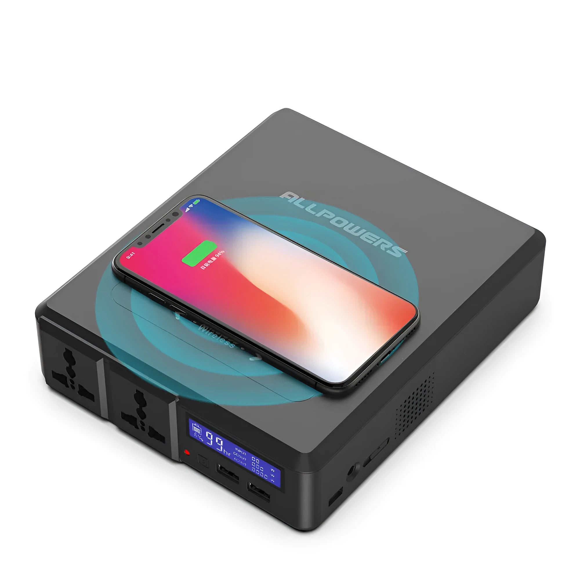 Black notebook power bank AP-SS-002 with 41600mAh capacity and UK plug on a white background