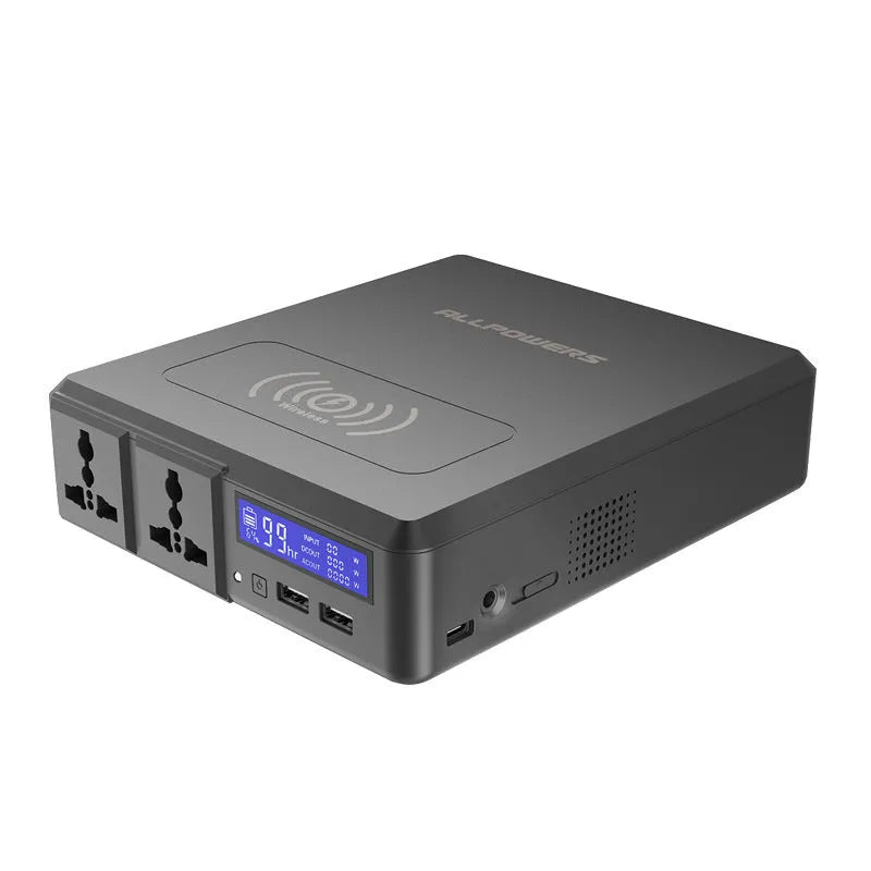 Black notebook power bank AP-SS-002 with 41600mAh capacity and UK plug on a white background