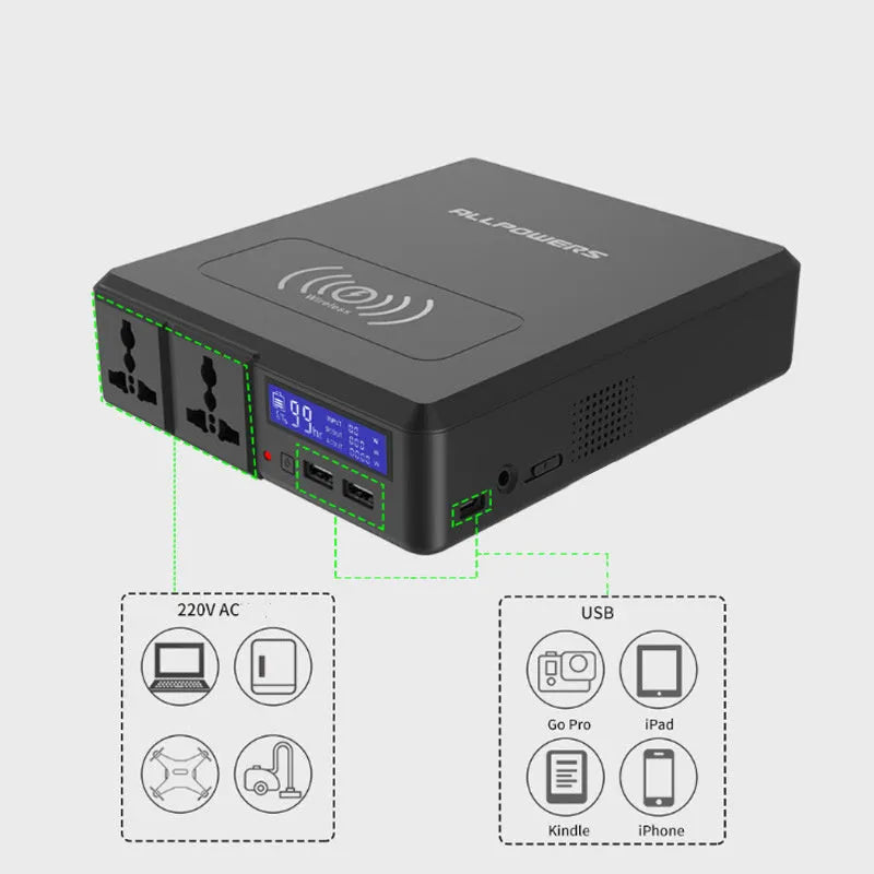 Black notebook power bank AP-SS-002 with 41600mAh capacity and UK plug on a white background