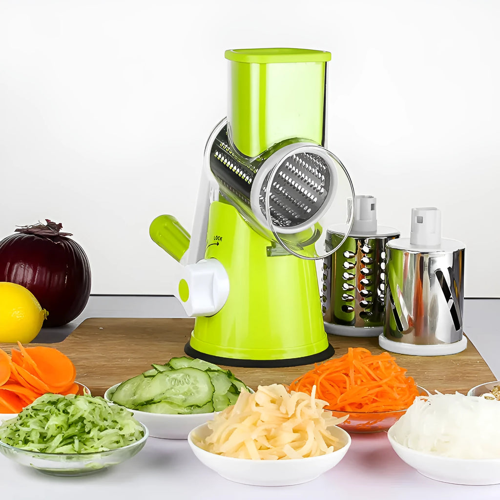 Blue vegetable chopper food processor with suction cup base and multi-function slicer grater design