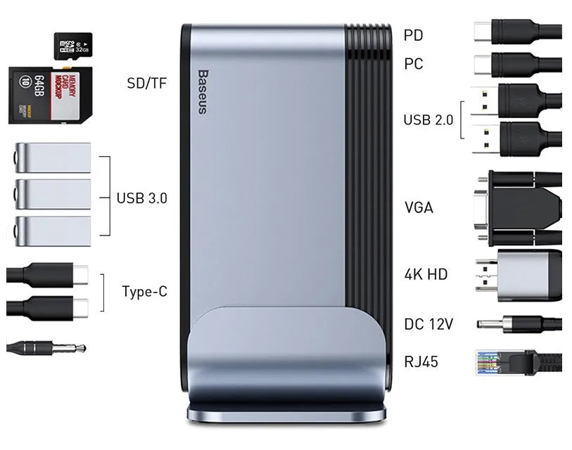 Deep space grey 16-in-1 workstation docking station with Type-C hub and multiple interface ports