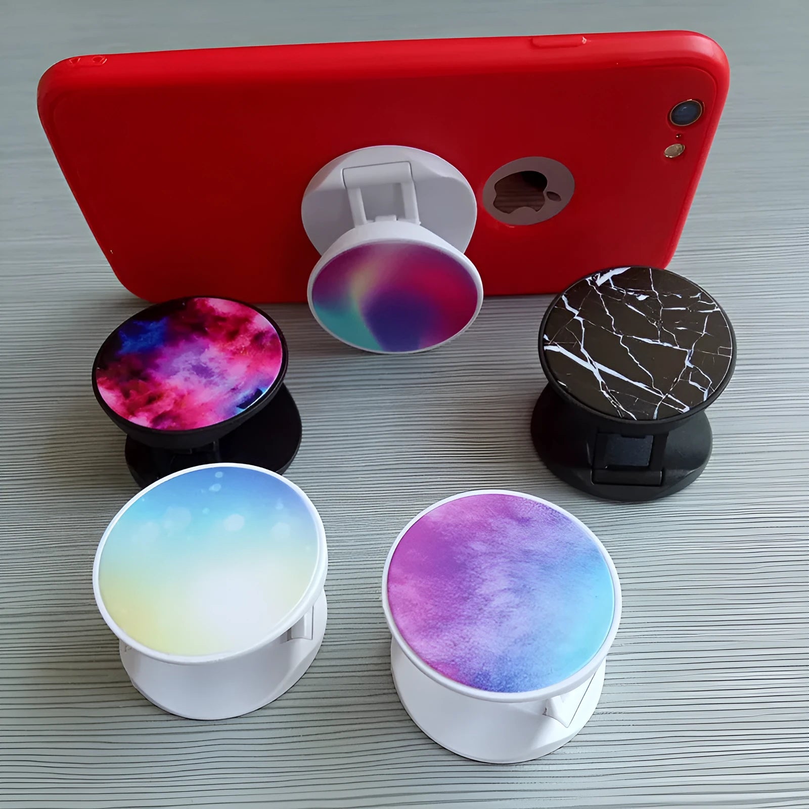 Folding mobile phone stand with thermal transfer aluminium sheet design in multiple colour options