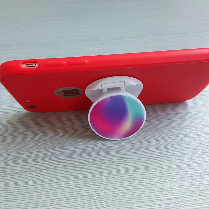 Folding mobile phone stand with thermal transfer aluminium sheet design in multiple colour options