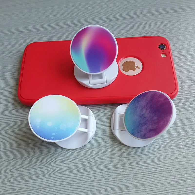 Folding mobile phone stand with thermal transfer aluminium sheet design in multiple colour options
