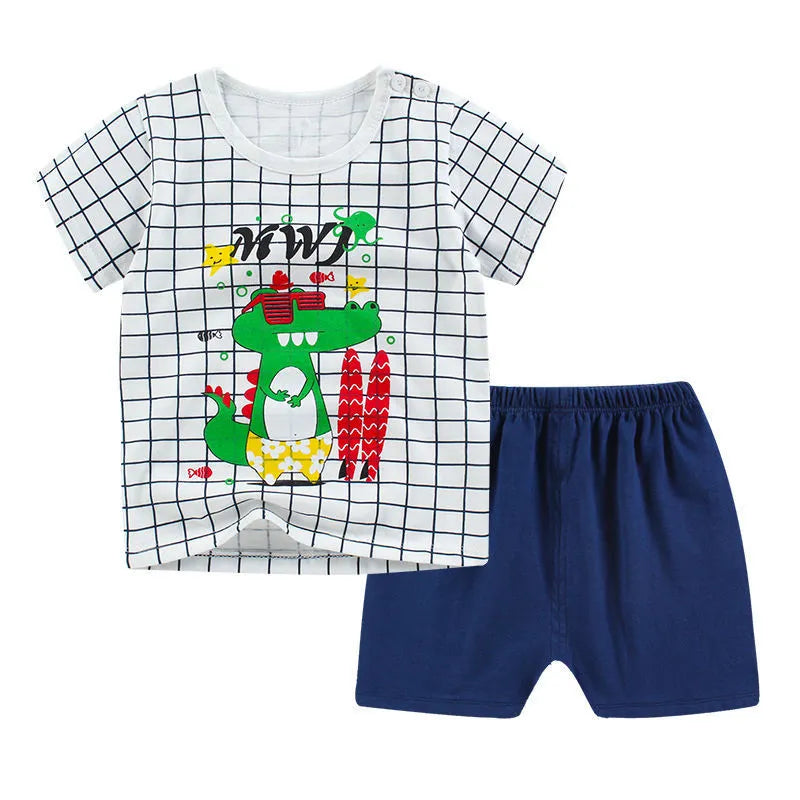 Children's blue cotton short sleeve outfit set with elephant cartoon print for summer.